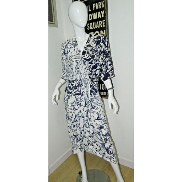 Barbara Barbara Dress Size Large Vintage‎ Blue White 80s Party Faux Wrap Dress - Picture 10 of 11